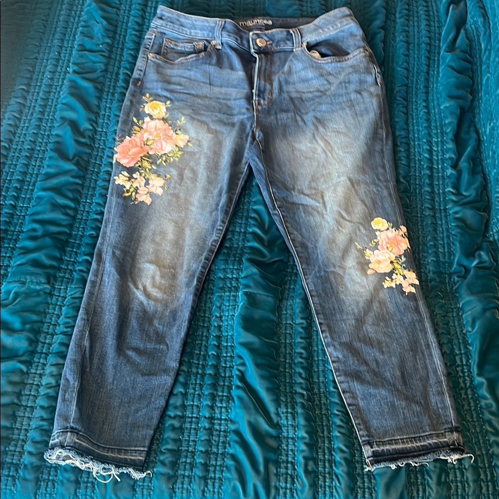 Maurices Pink and Blue Cropped Jeans with Floral